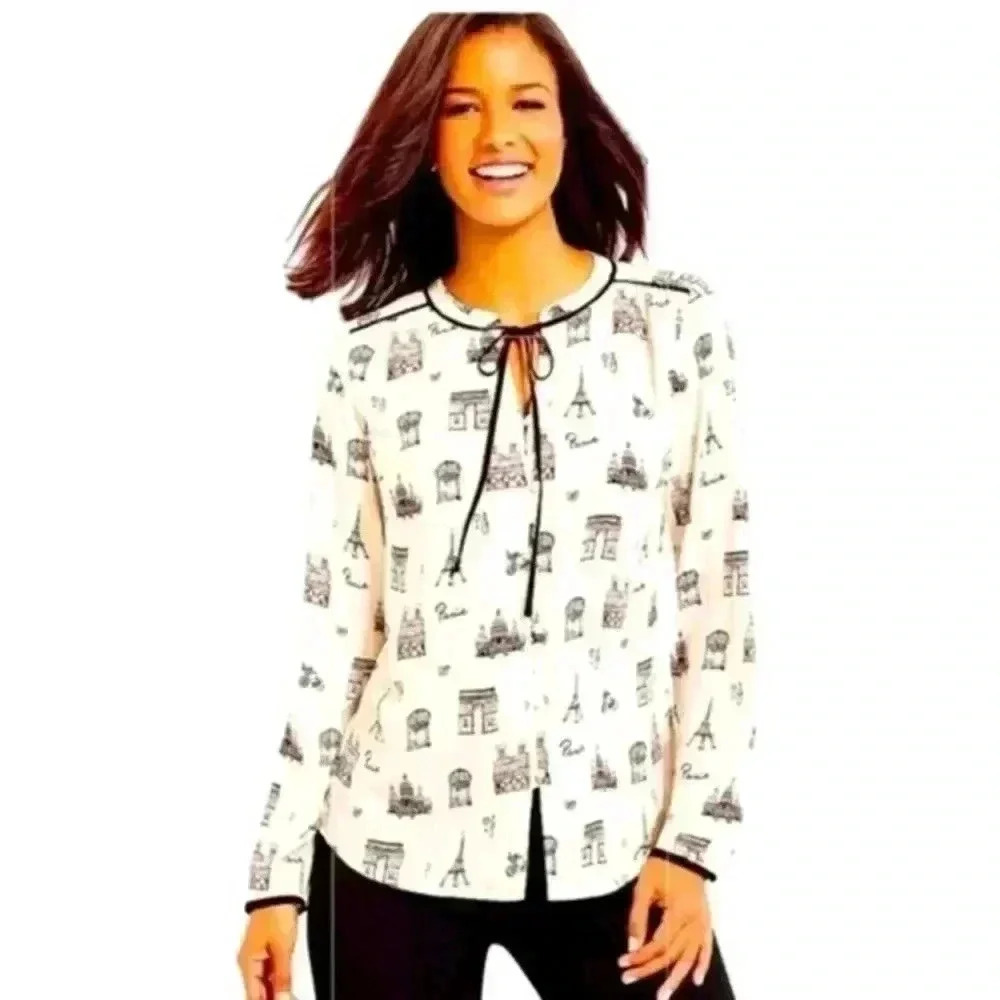Talbots Paris Print Tie Front Blouse Ivory and Black Small Petite
